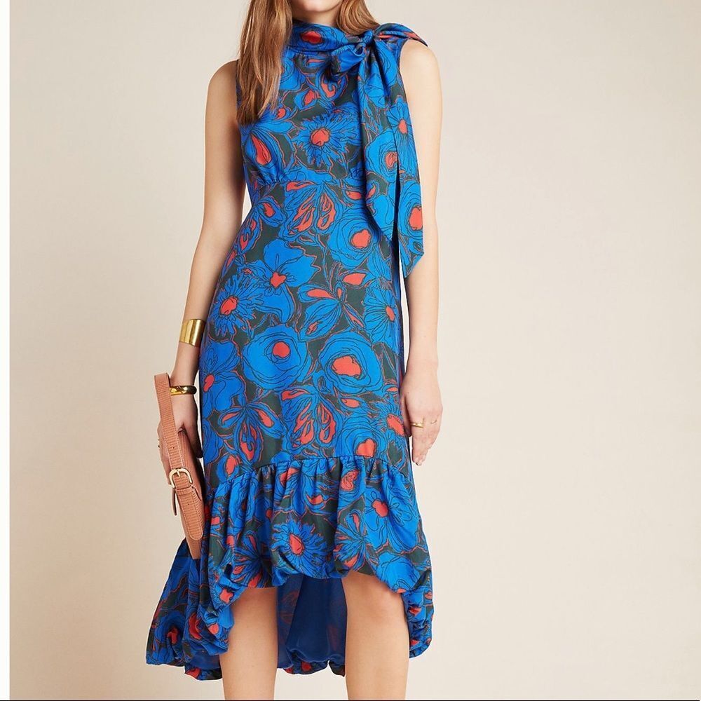 Anthropologie Tracy Reese Evangeline Tie-Neck Blue Floral Midi Dress Size 2 NWT
